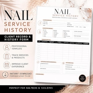 Puede incluir: Un formulario de papel blanco titulado NAIL SERVICE HISTORY con secciones para información del cliente, historial de uñas y un registro de servicio. El documento presenta texto negro, detalles en oro rosa y un fondo de mármol.