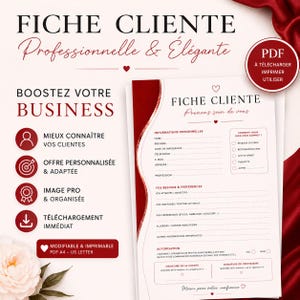 Puede incluir: Un formulario de admisión de clientes imprimible en PDF, con un diseño burdeos y blanco. El formulario incluye secciones para información personal, necesidades, preferencias y autorización. El texto incluye "Impulsa tu negocio" y "Descarga inmediata".