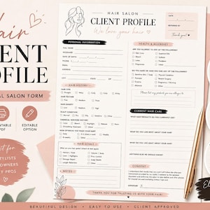 Hair Client Intake Form | Hair Salon Consultation Form | Printable Client Record Card | Hair Stylist Template | Editable PDF