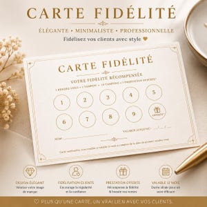 Peut inclure: Une carte de fidélité crème avec des accents dorés et du texte. La carte présente une grille de cercles numérotés et les mots "CARTE FIDÉLITÉ". La carte est conçue pour récompenser la fidélité des clients.