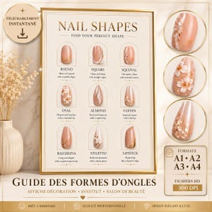 Utskrivbar poster med nagelformer, nagelsalongsdekoration, guide till nagelformer A1 A2 A3 A4, PDF-nedladdning
