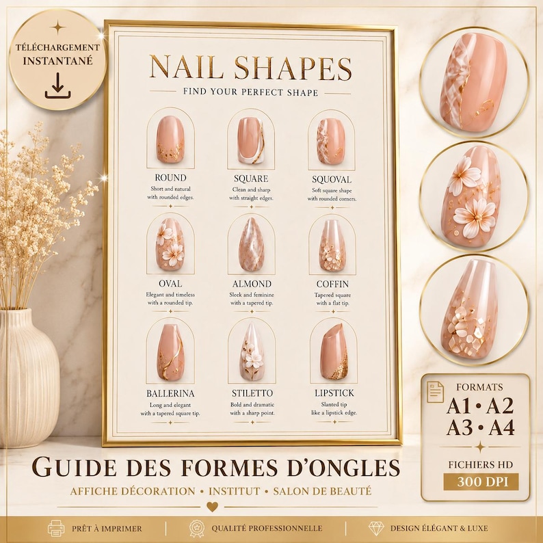May include: A beige educational wall art print titled NAIL SHAPES, displaying nine distinct nail shapes with descriptive text. The chart features illustrations of round, square, squoval, oval, almond, coffin, ballerina, stiletto, and lipstick shapes, with three circular close-up images of decorated nails on the right side.