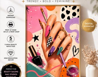 Nail Salon Wall Art, Nail Tech Decor, Colorful Manicure Poster, Beauty Salon Print, Nail Artist Gift, Printable Nail Art