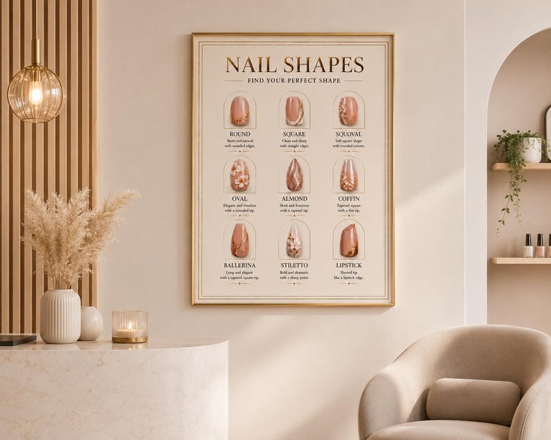 May include: A rectangular wall poster titled NAIL SHAPES with the subtitle FIND YOUR PERFECT SHAPE. It displays nine different nail shapes in a grid, including round, square, squoval, oval, almond, coffin, ballerina, stiletto, and lipstick.