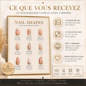 May include: A digital wall art print titled NAIL SHAPES featuring nine illustrations of different nail styles including round, square, squoval, oval, almond, coffin, ballerina, stiletto, and lipstick. The poster includes text descriptions for each shape and information about high-resolution PDF file delivery in four sizes.