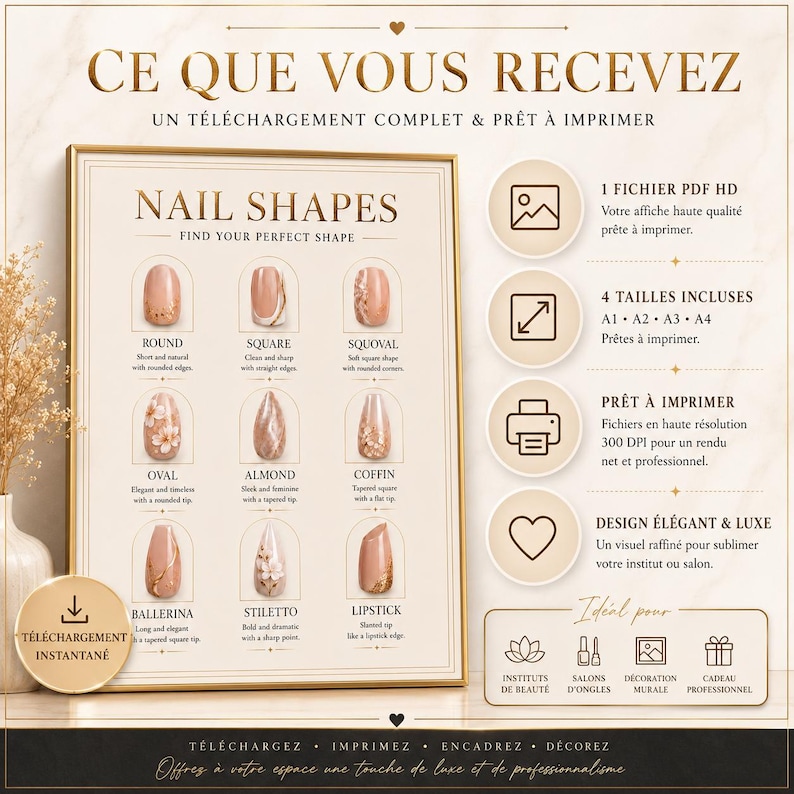 May include: A digital wall art print titled NAIL SHAPES featuring nine illustrations of different nail styles including round, square, squoval, oval, almond, coffin, ballerina, stiletto, and lipstick. The poster includes text descriptions for each shape and information about high-resolution PDF file delivery in four sizes.