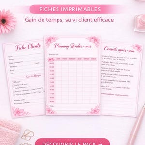 Pack organisation esthéticienne imprimable PDF – Fiches clientes, planning rendez-vous, fiche après-soin.