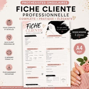 Peut inclure: Une fiche client professionnelle pour prothésiste ongulaire au format A4, comprenant des sections pour les informations client, l'historique des prestations, l'analyse des ongles, les produits utilisés et l'évaluation, avec des accents graphiques noirs et or rose.