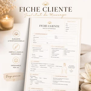 Peut inclure: Une fiche client A4 beige pour un institut de massage avec le texte FICHE CLIENTE INSTITUT DE MASSAGE. Le document comprend des sections pour les informations personnelles, l'état de santé, le profil, les attentes, les préférences et la confidentialité.