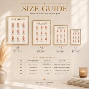 May include: A beige size guide chart displaying various nail shapes labelled Round, Square, Squoval, Oval, Almond, Coffin, Ballerina, Stiletto, and Lipstick. The chart lists dimensions for A1, A2, A3, and A4 sizes in both centimetres and inches.