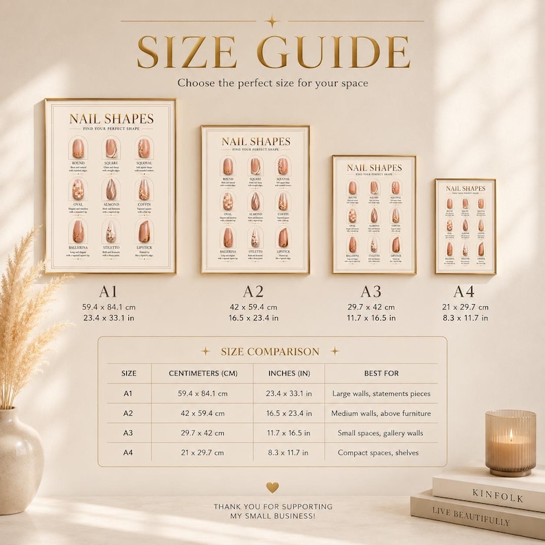 May include: A beige size guide chart displaying various nail shapes labelled Round, Square, Squoval, Oval, Almond, Coffin, Ballerina, Stiletto, and Lipstick. The chart lists dimensions for A1, A2, A3, and A4 sizes in both centimetres and inches.