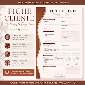 Puede incluir: Un formulario de cliente imprimible para técnicos de uñas. El formulario en francés incluye secciones para información del cliente, detalles de salud, hábitos y registros de servicios. El diseño es elegante y profesional, con una combinación de colores marrón y blanco.