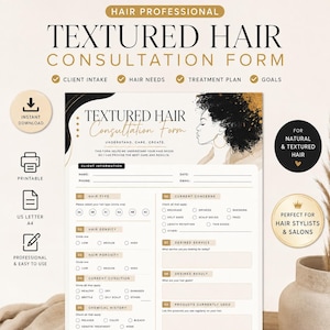 Puede incluir: Un formulario de consulta para cabello texturizado en color blanco con texto negro y dorado. El documento incluye secciones para información del cliente, tipo de cabello, densidad, porosidad, condición, historial químico y necesidades.