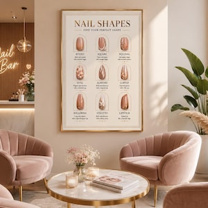 May include: A rectangular wall poster titled NAIL SHAPES FIND YOUR PERFECT SHAPE, displaying nine illustrated nail styles with labels including Round, Square, Squoval, Oval, Almond, Coffin, Ballerina, Stiletto, and Lipstick, framed in gold.