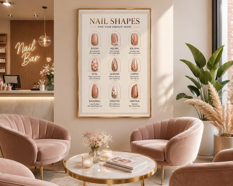 May include: A rectangular wall poster titled NAIL SHAPES FIND YOUR PERFECT SHAPE, displaying nine illustrated nail styles with labels including Round, Square, Squoval, Oval, Almond, Coffin, Ballerina, Stiletto, and Lipstick, framed in gold.