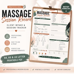 Peut inclure: Un formulaire de suivi de séance de massage sur presse-papiers, comprenant des sections pour les informations client, les détails de la séance, les techniques utilisées et des schémas corporels. Le document affiche les titres Massage Session Record, Client Intake & Session Tracker et A4, A5 & US Letter Printable PDF avec un motif aquarelle vert et pêche.