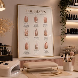 May include: A rectangular wall poster titled NAIL SHAPES with a gold frame, displaying nine different nail shapes including round, square, squoval, oval, almond, coffin, ballerina, stiletto, and lipstick, each with a descriptive caption below.