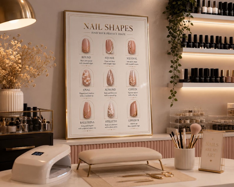 May include: A rectangular wall poster titled NAIL SHAPES with a gold frame, displaying nine different nail shapes including round, square, squoval, oval, almond, coffin, ballerina, stiletto, and lipstick, each with a descriptive caption below.