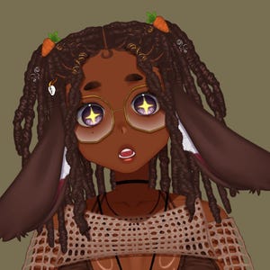 May include: A cartoon illustration of a person with brown skin, wearing round glasses with gold frames and brown braids with small orange carrots in their hair. The person has large, sparkling eyes and is wearing a brown mesh top.