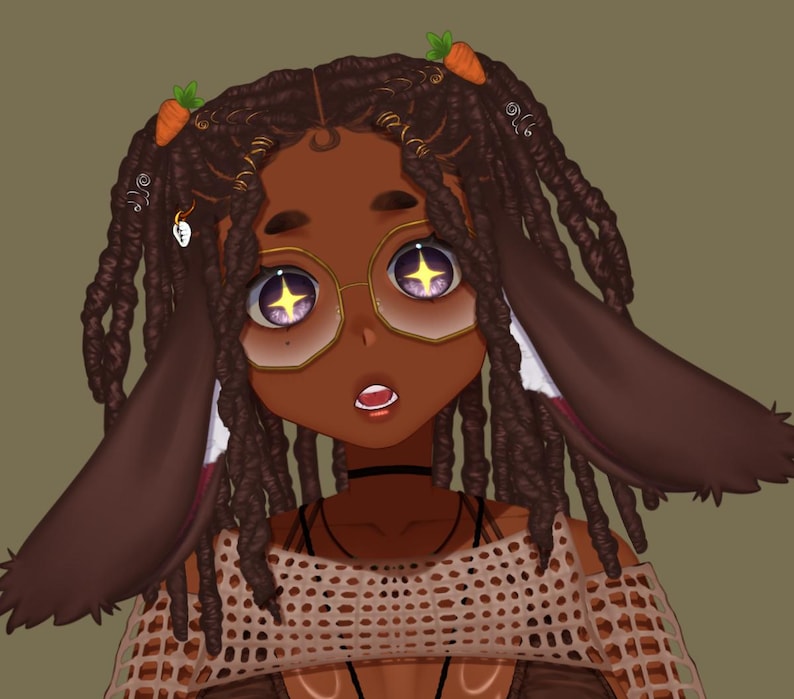 May include: A cartoon illustration of a person with brown skin, wearing round glasses with gold frames and brown braids with small orange carrots in their hair. The person has large, sparkling eyes and is wearing a brown mesh top.