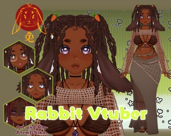 May include: A digital illustration of a cartoon rabbit Vtuber with brown skin, long brown braids, and purple eyes. She is wearing a brown and white crochet top, a brown and white crochet skirt, and a brown and white crochet headband. The background is a green and white pattern with flowers and leaves.