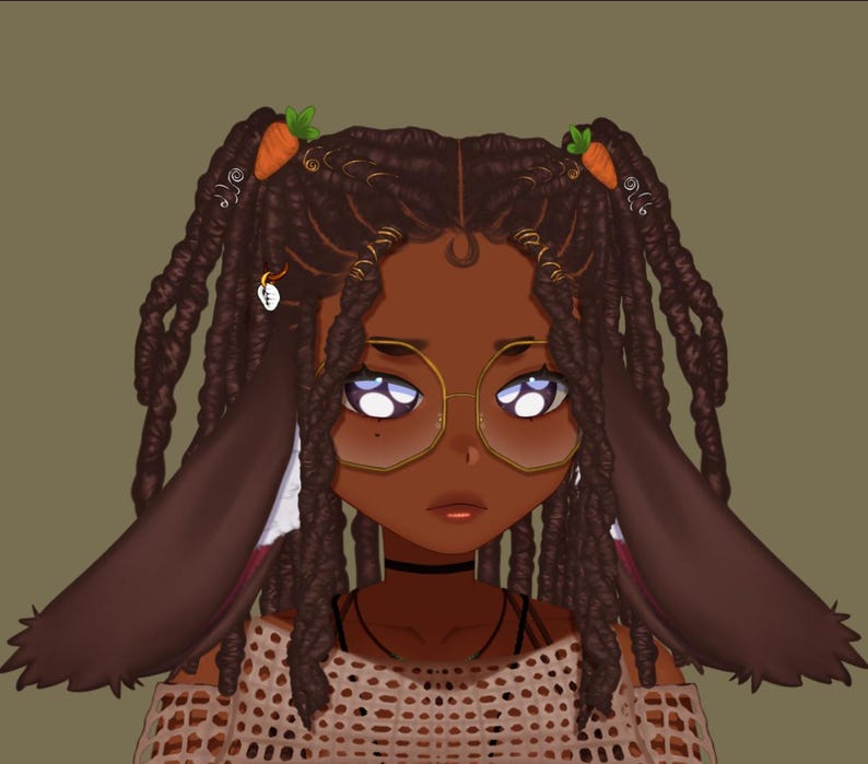 May include: A digital illustration of a Black woman with brown skin, wearing gold-rimmed glasses, a brown mesh top, and long brown braids with small orange carrots in her hair. She has large blue eyes and a serious expression.