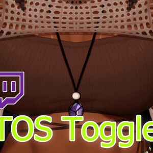 May include: A brown top with a purple gemstone necklace and the text "TOS Toggle" in green letters. A purple Twitch logo is in the upper left corner.