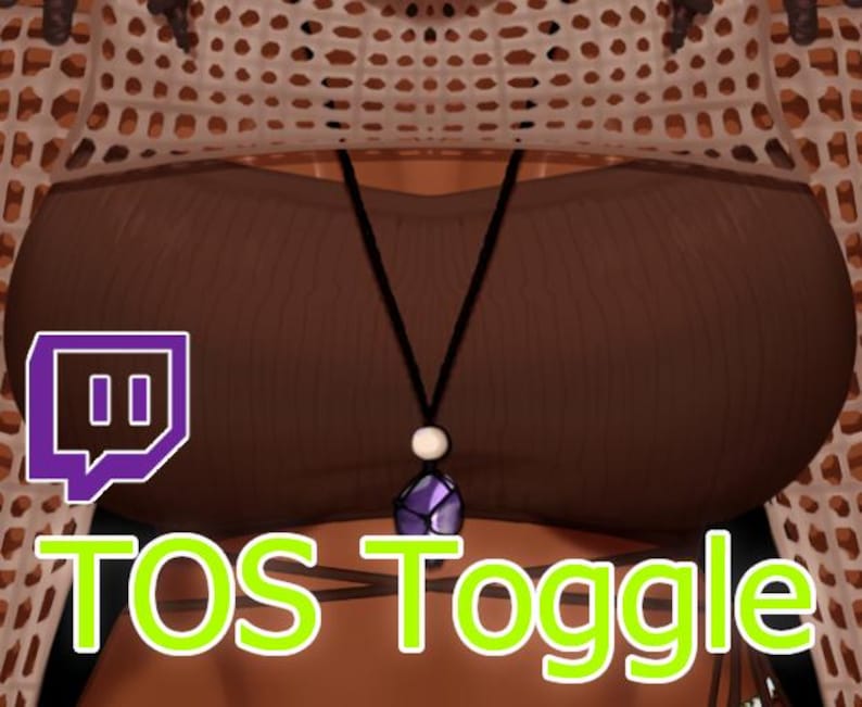 May include: A brown top with a purple gemstone necklace and the text "TOS Toggle" in green letters. A purple Twitch logo is in the upper left corner.