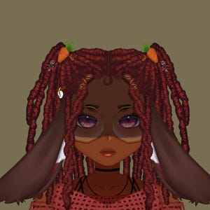 May include: A digital illustration of a person with brown skin, wearing round glasses, a red and white mesh top, and long red dreadlocks with small orange carrots as hair clips. The person has brown bunny ears.
