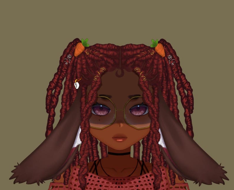 May include: A digital illustration of a person with brown skin, wearing round glasses, a red and white mesh top, and long red dreadlocks with small orange carrots as hair clips. The person has brown bunny ears.