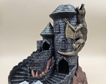 Dice Tower: Castle with Dragon Hand Painted DnD