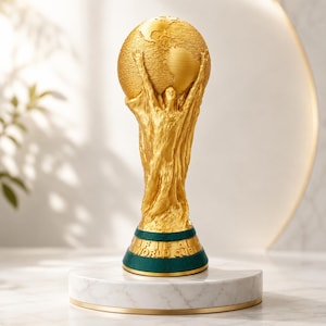 May include: A gold-coloured trophy featuring a stylised human figure with arms raised, supporting a globe. The base is a dark green band with the embossed text FIFA WORLD CUP, resting on a circular white marble-patterned pedestal with a gold rim.