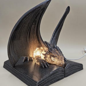 May include: A black dragon lamp with outstretched wings and a detailed head, resting on an open book. The lamp emits a warm glow, highlighting the dragon's features. The wings and book have a textured appearance.