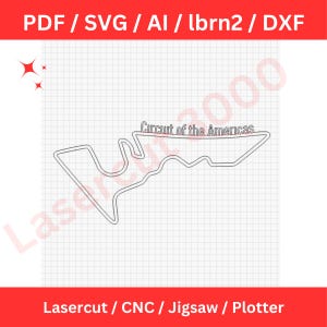 Op de afbeelding: Een zwart-witte lijntekening van het Circuit of the Americas racecircuit. Het circuit bevindt zich op een rasterachtergrond. De tekst "Circuit of the Americas" bevindt zich boven het circuit.