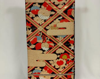Y809 ヴィンテージ シルク 着物 袋帯 黒 金彩 刺繍 菊 梅 扇子 - Etsy 日本
