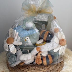 Könnte beinhalten: Ein Babygeschenkkorb gefüllt mit Plüschtieren, darunter Gänse, Bienen und Blumen. Der Korb ist in durchsichtiges Cellophan verpackt und mit einer gelb-grünen Schleife gebunden. Der Korb steht auf einer gewebten Matte.