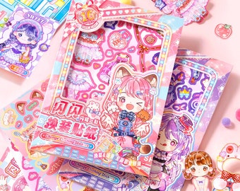 May include: A set of colorful sticker sheets featuring anime-style characters with different outfits and accessories. The stickers are designed for changing the characters' clothing and creating different looks. The text on the sticker sheets reads "Change Clothing Stickers" and "New Career Special Edition".