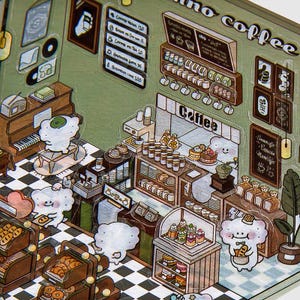 May include: A miniature coffee shop playset with a white and brown exterior. The shop has a sign that reads "no coffee". There are several small figures of people and animals, as well as miniature coffee cups, pastries, and other coffee shop items.