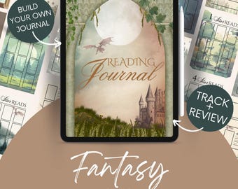 May include: A digital illustration of a fantasy reading journal with a castle, a dragon, and a full moon. The text "READING JOURNAL" is in a gold font. The text "Fantasy BASIC READING JOURNAL" is at the bottom of the image.