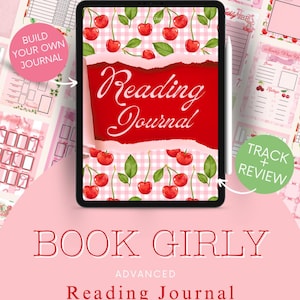 May include: A digital planner cover with a pink and white gingham pattern and red cherries. The text "Reading Journal" is written in white on a red background. The text "Book Girly" is written in red on a white background. The text "Advanced" is written in black on a white background. The text "Reading Journal" is written in black on a white background.