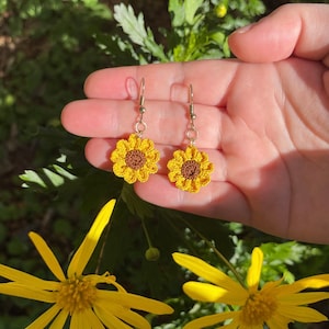 Micro crochet sunflower earrings, unique crochet jewellery, crochet flower gift