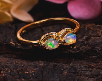 Handmade Gold Plated Sterling Silver Opal Ring – Pear Cabochon October Birthstone