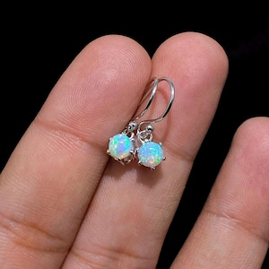 5mm Round Ethiopian Opal Dangle Earrings, 925 Sterling Silver, Prong Setting, October Birthstone