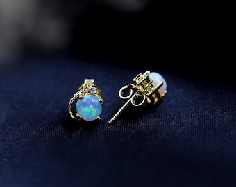 Pendientes de botón de ópalo de fuego etíope, plata de ley, piedra natal de octubre