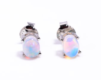 Ethiopian Fire Opal Stud Earrings, Sterling Silver, October Birthstone, 6x8 mm