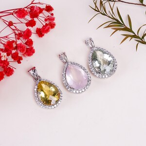 Natural Green Amethyst, Lemon Quartz, Rose Quartz Solitaire Large 16x11mm Pear Faceted Gemstone Pendant - 925 Sterling Silver - Gift for Her