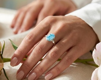 Raw Larimar Ring, 925 Sterling Silver Boho, Natural Ocean Blue Gemstone