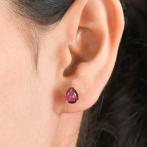 Rhodolite Garnet Pear Stud Earrings | 3x5mm Raspberry Pink Sterling Silver Teardrops