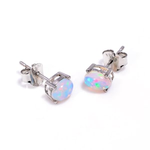 Ethiopian Opal Stud Earrings | 5x7mm Oval Natural Fire Opal in Sterling Silver | Birthstone Jewelry for Women | Handmade Minimalist Gift