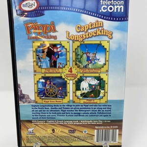 May include: DVD of the animated series "Pippi Longstocking" featuring "Captain Longstocking." The cover displays four episode titles with colorful illustrations. The DVD includes English and French language tracks and has a runtime of approximately 88 minutes.